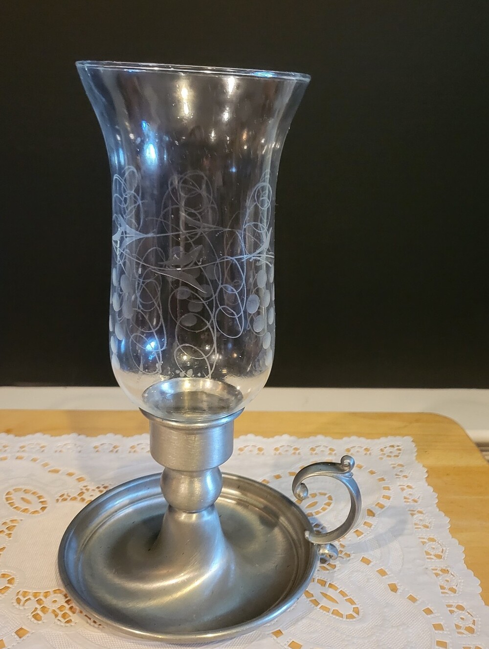 Vintage Lenox Pewter Hurricane Lamp Etched Glass 10" w/ Handle
